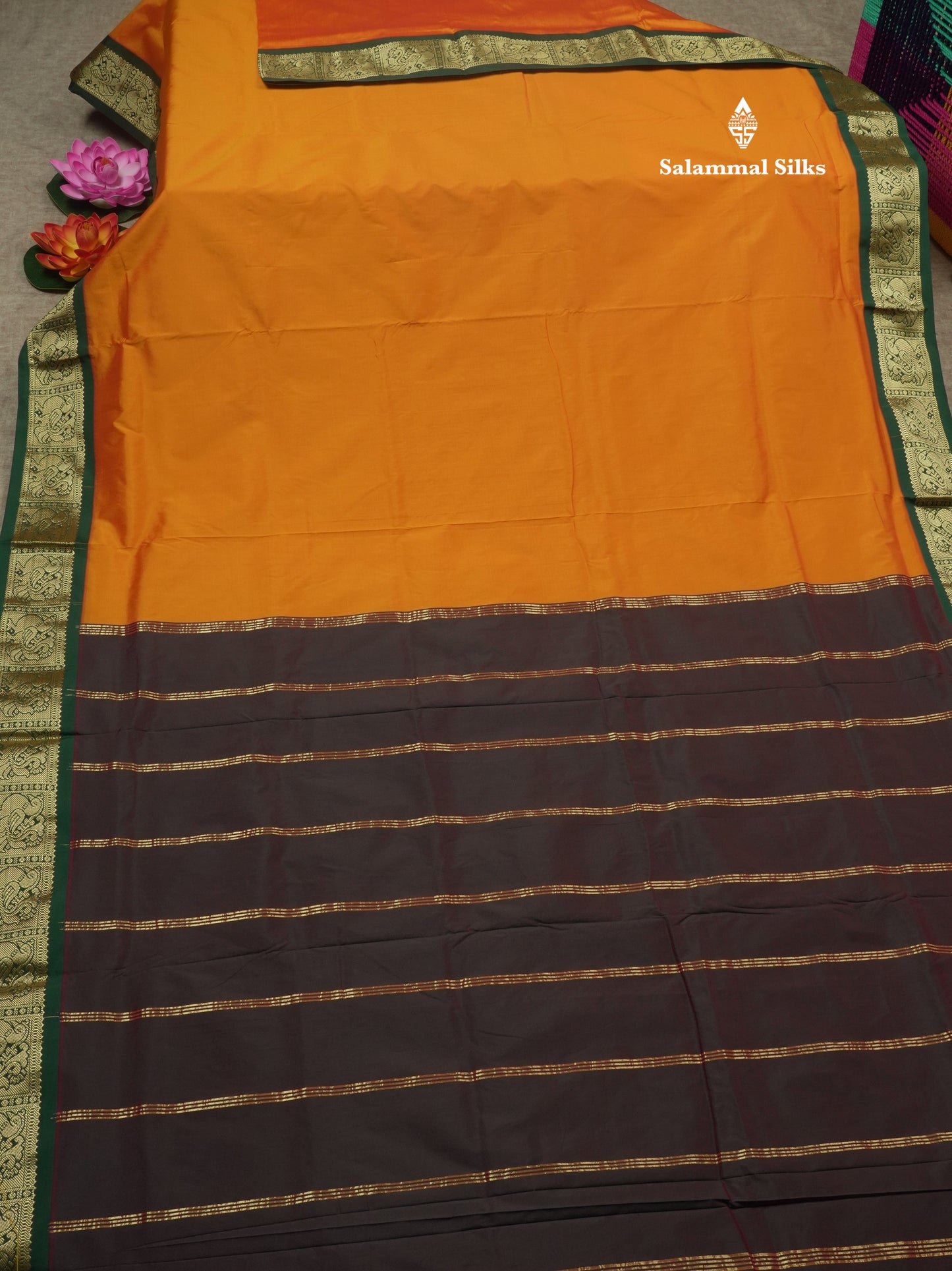 9.5 Yards Semi Silk Saree Mango Yellow with Contrast Bottle Green Traditional Border