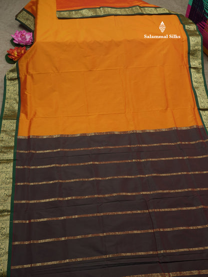 9.5 Yards Semi Silk Saree Mango Yellow with Contrast Bottle Green Traditional Border