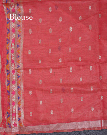 Beautiful Peach Menakari Work Muga Cotton Saree With Contrast Red Blouse