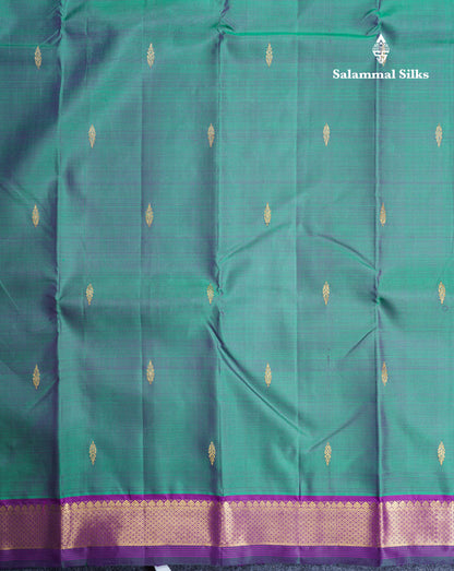 Dual Tone Green Beautiful Small Buttas Pure Kanjivaram Silk Saree With Violet Border