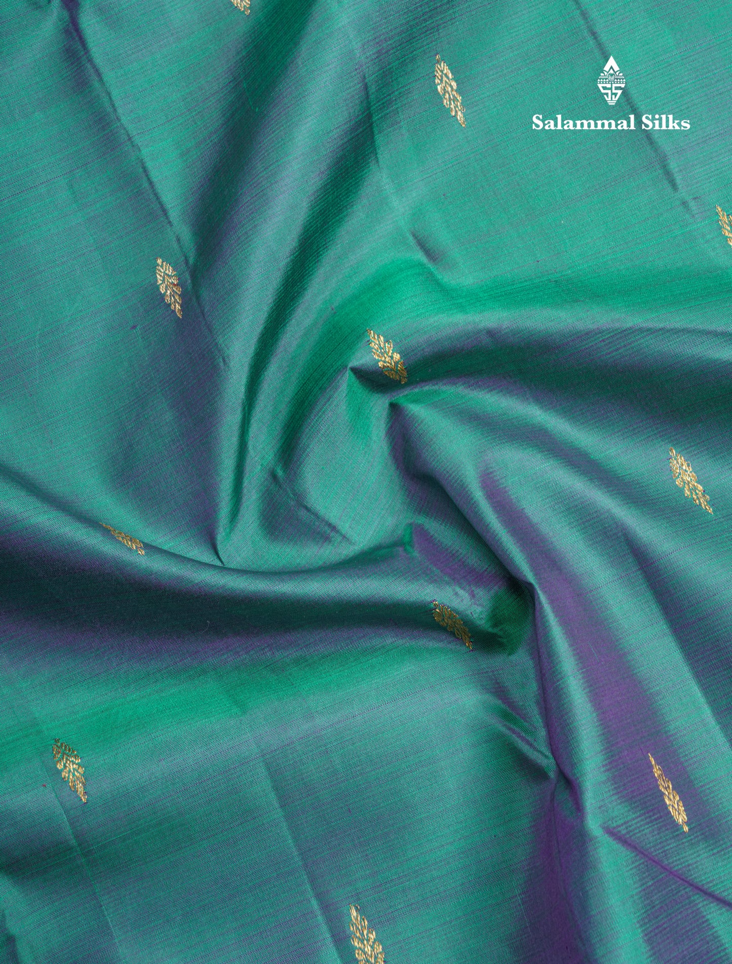 Dual Tone Green Beautiful Small Buttas Pure Kanjivaram Silk Saree With Violet Border