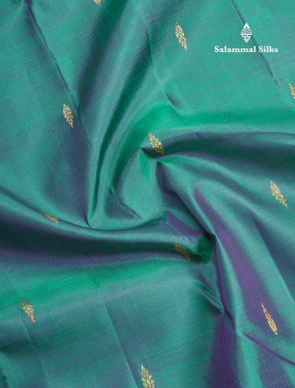 Dual Tone Green Beautiful Small Buttas Pure Kanjivaram Silk Saree With Violet Border