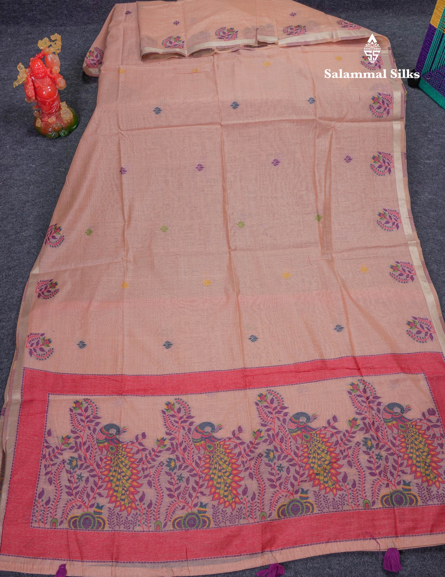 Beautiful Peach Menakari Work Thread Butta Muga Cotton Saree With Blouse