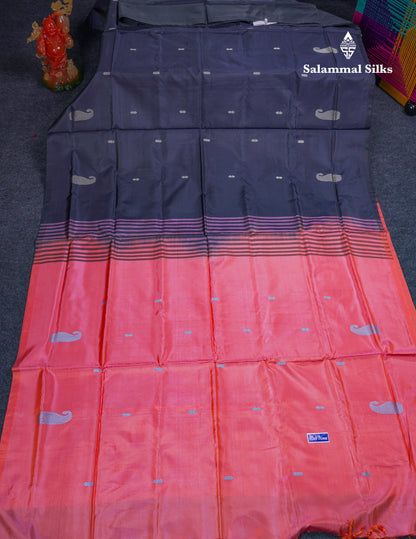 Dark Navy Blue Thread work Buttas Banana Pinth Saree (Vaazhainaar Pattu) With Contrast Piniish Orange Blouse