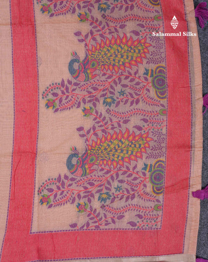 Beautiful Peach Menakari Work Thread Butta Muga Cotton Saree With Blouse