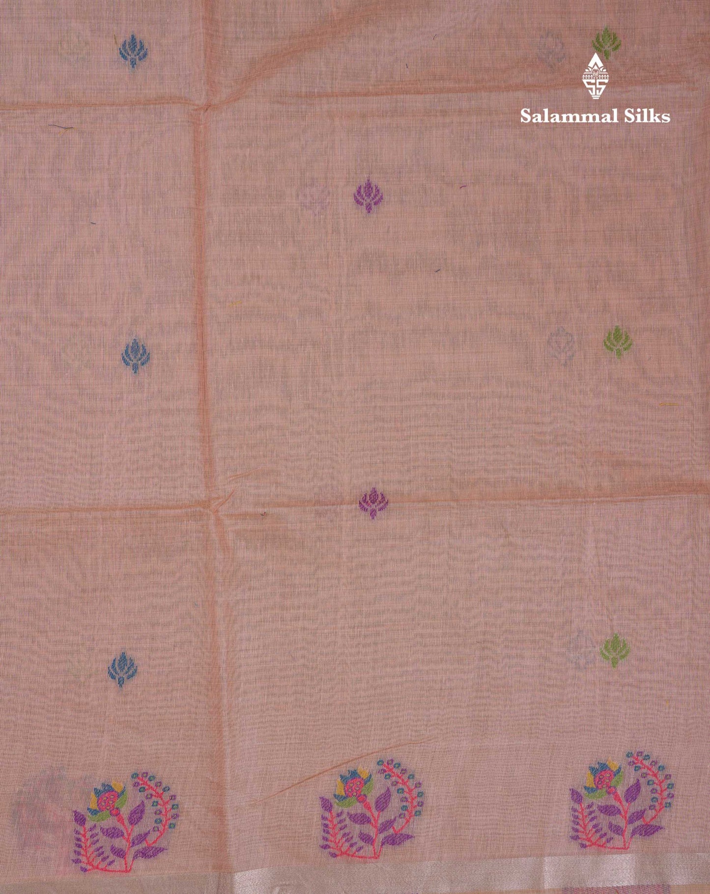 Beautiful Peach Menakari Work Thread Butta Muga Cotton Saree With Blouse