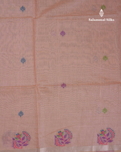 Beautiful Peach Menakari Work Thread Butta Muga Cotton Saree With Blouse