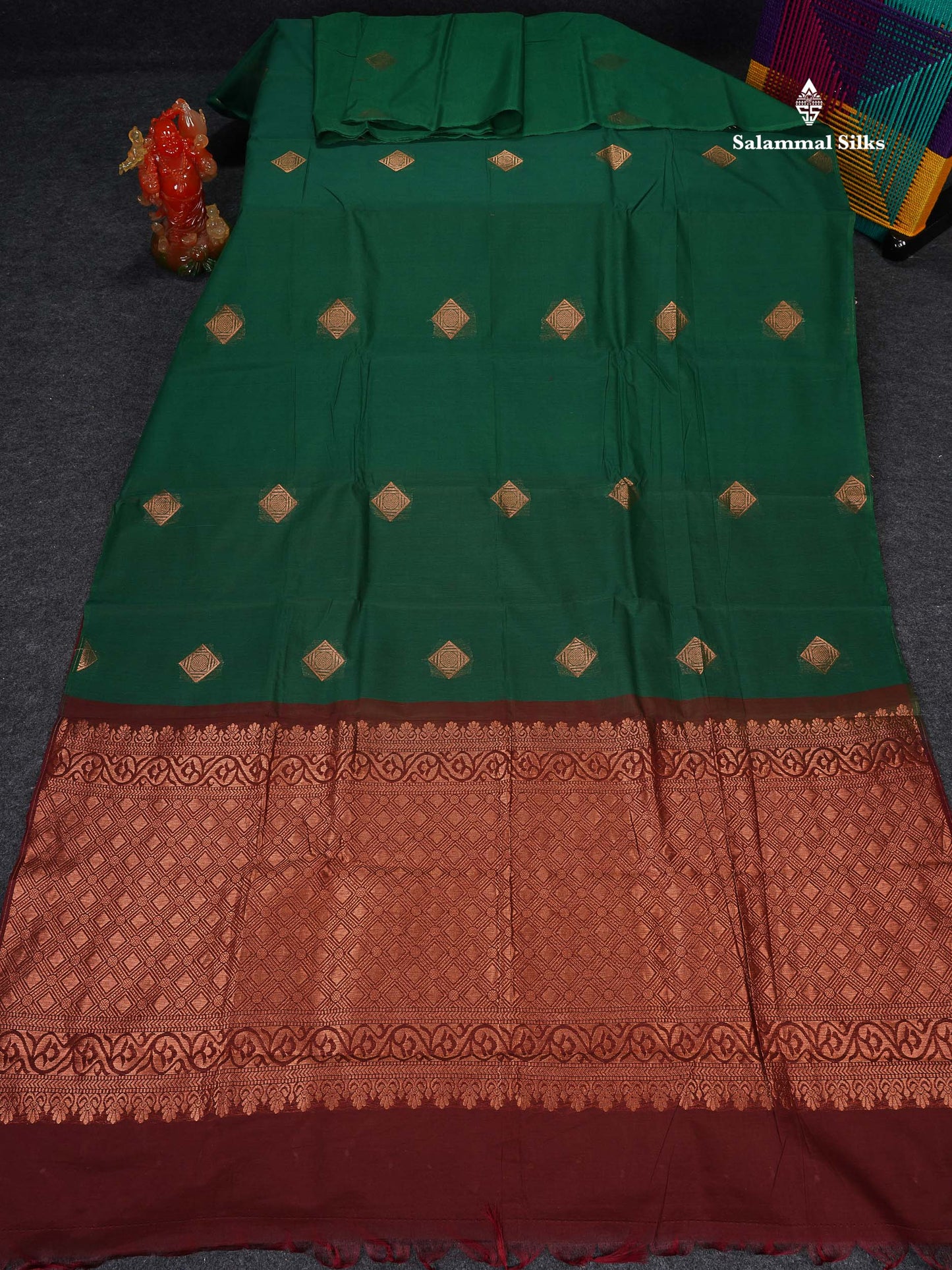 SICO Cotton Saree - Bottle Green Colour Body Copper Zari Butta With Maroon Blouse 