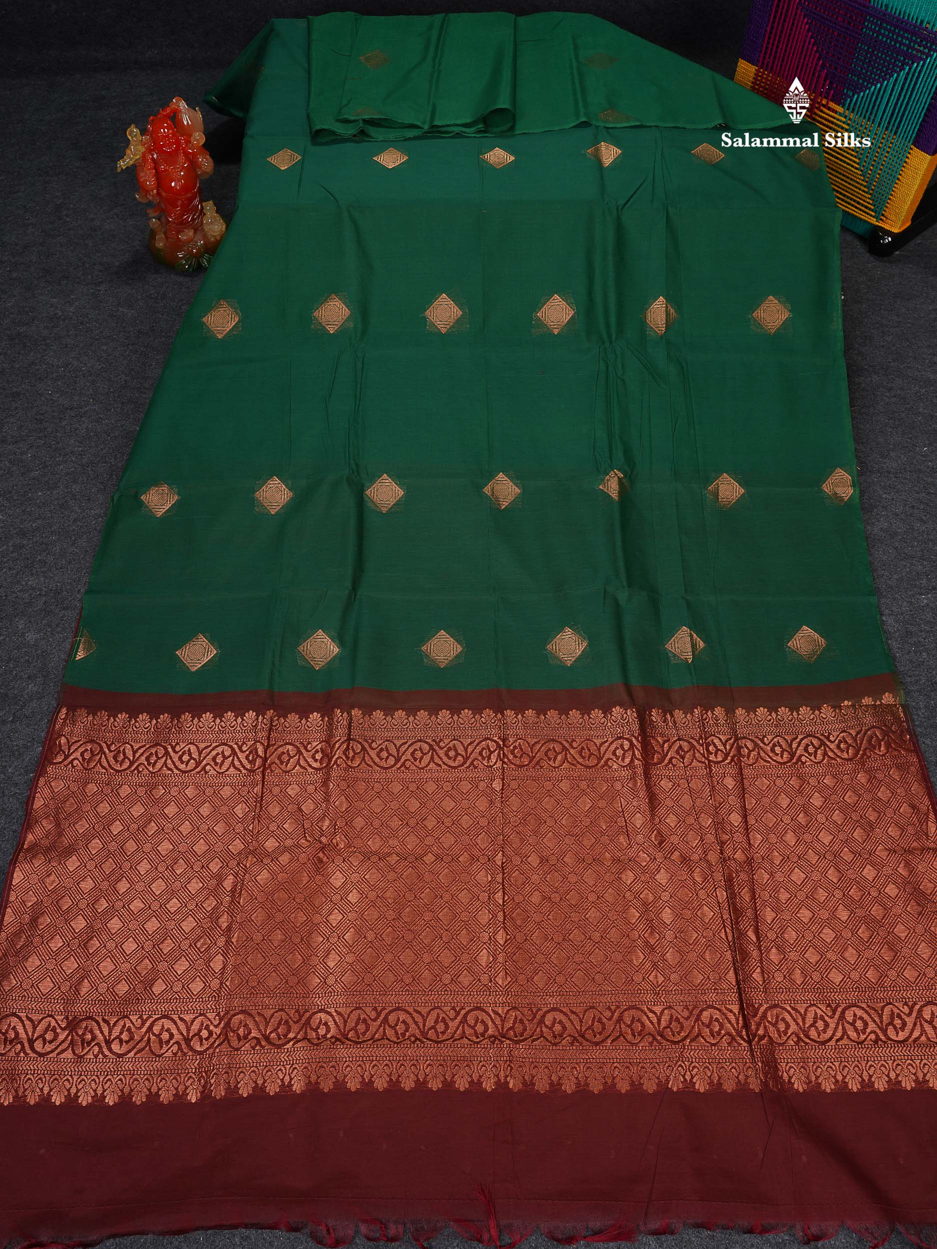 SICO Cotton Saree - Bottle Green Colour Body Copper Zari Butta With Maroon Blouse 