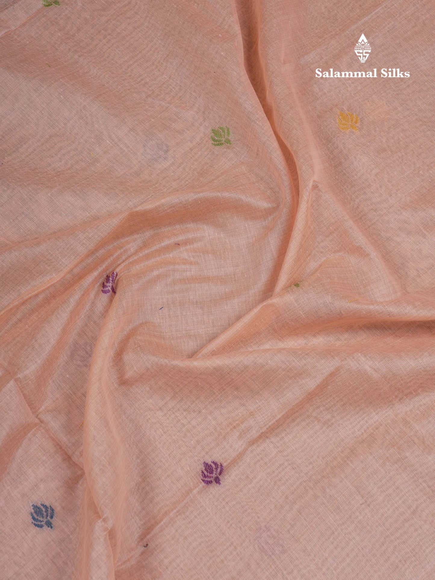 Beautiful Peach Menakari Work Thread Butta Muga Cotton Saree With Blouse
