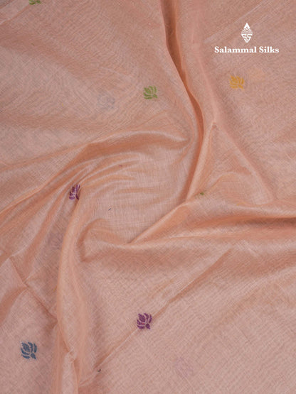 Beautiful Peach Menakari Work Thread Butta Muga Cotton Saree With Blouse