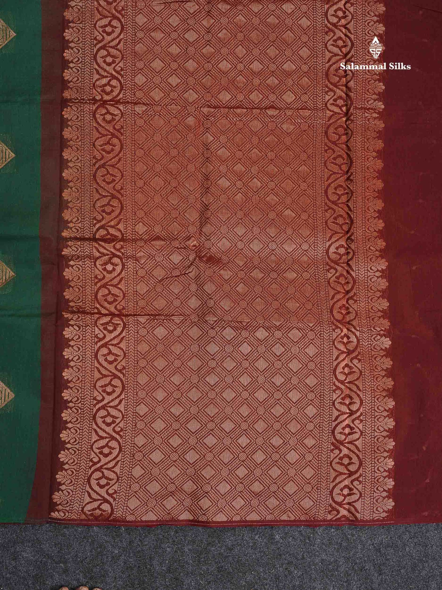 SICO Cotton Saree - Bottle Green Colour Body Copper Zari Butta With Maroon Blouse