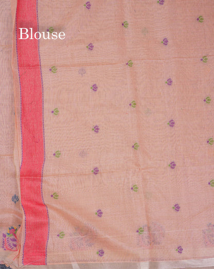 Beautiful Peach Menakari Work Thread Butta Muga Cotton Saree With Blouse