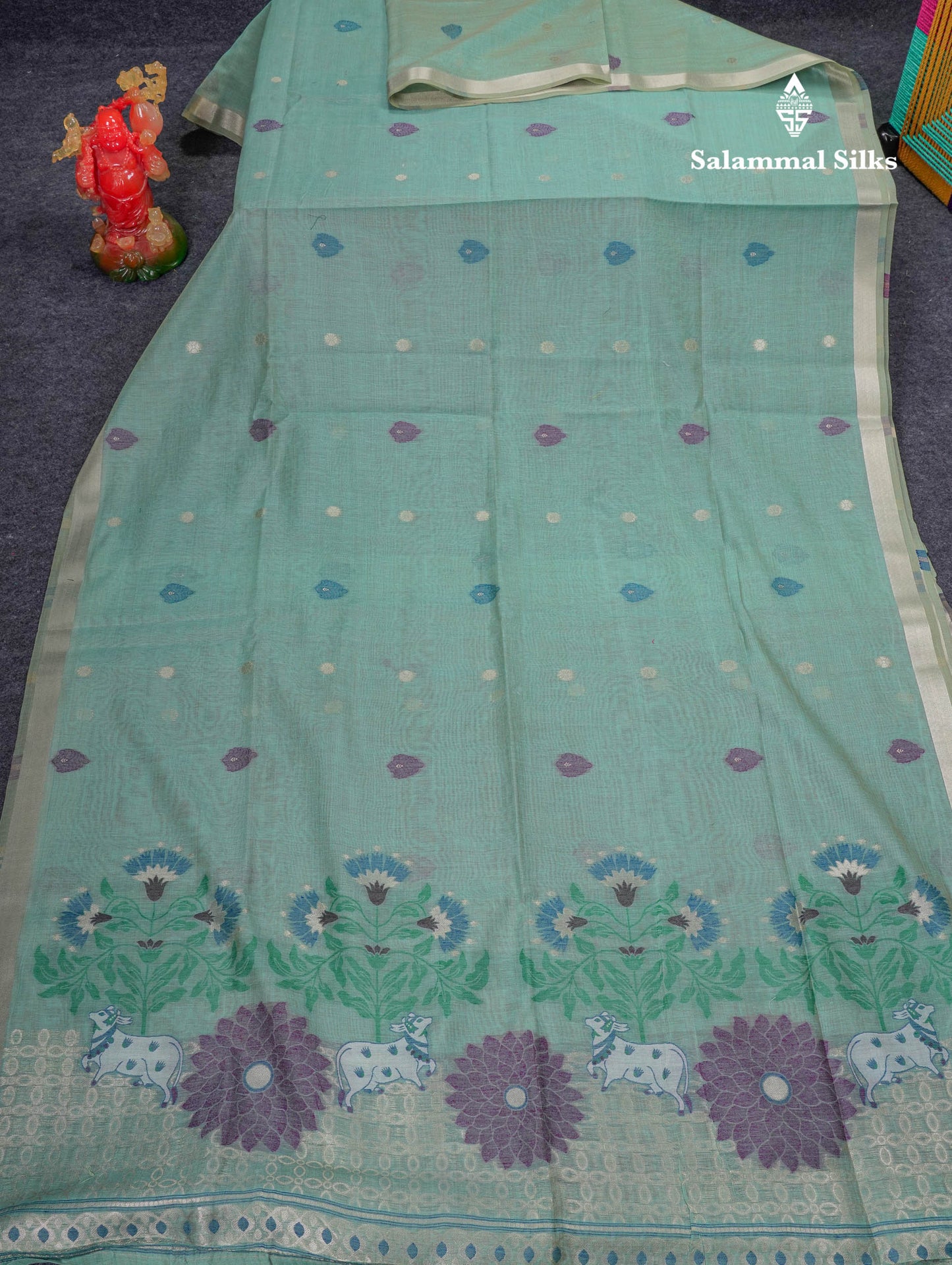 Beautiful Sapphire Green Menakari Work Butta Muga Cotton Saree With Contrast Navy Blue Blouse