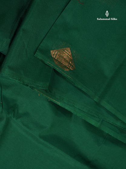 SICO Cotton Saree - Bottle Green Colour Body Copper Zari Butta With Maroon Blouse