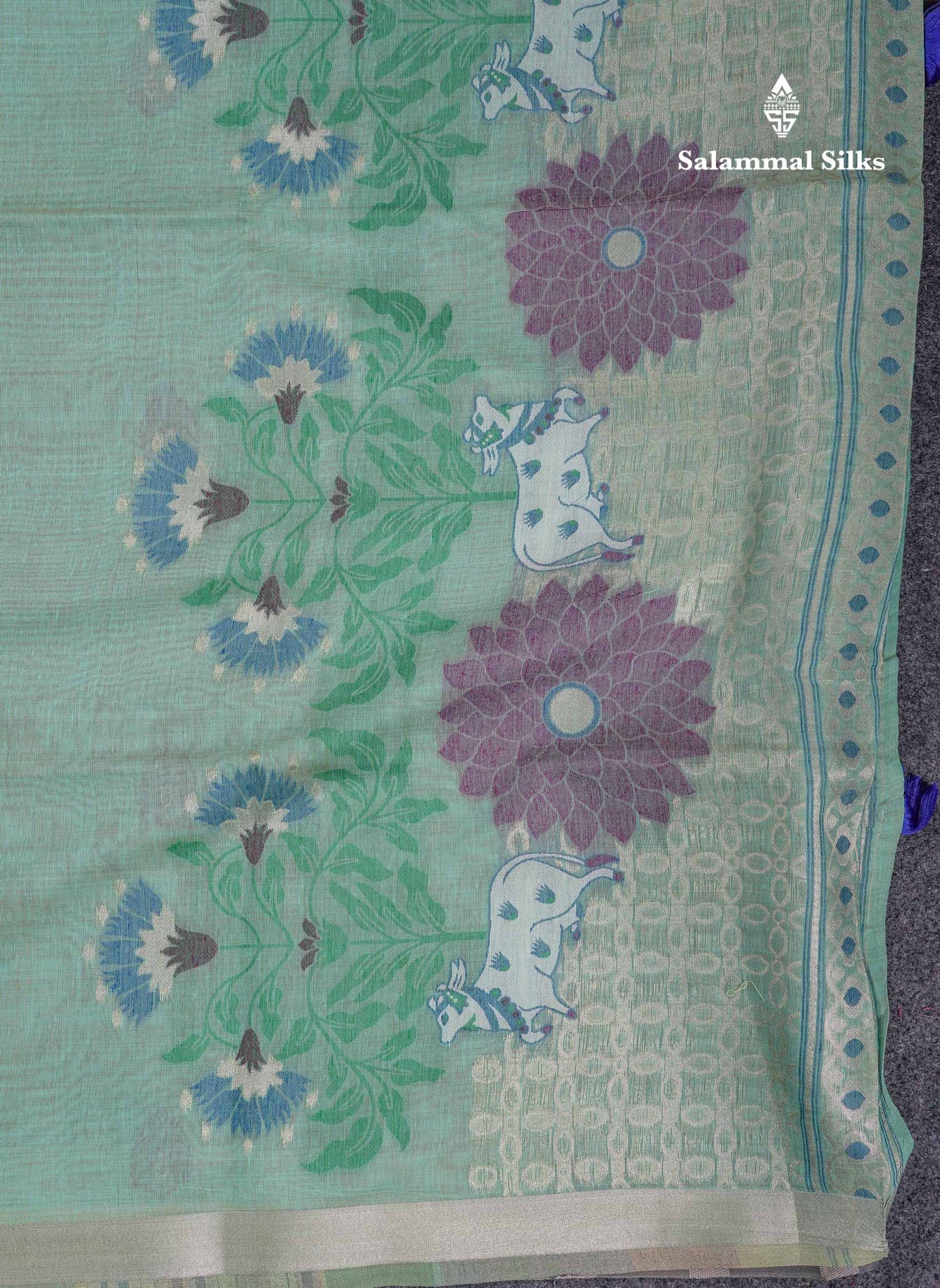 Beautiful Sapphire Green Menakari Work Butta Muga Cotton Saree With Contrast Navy Blue Blouse