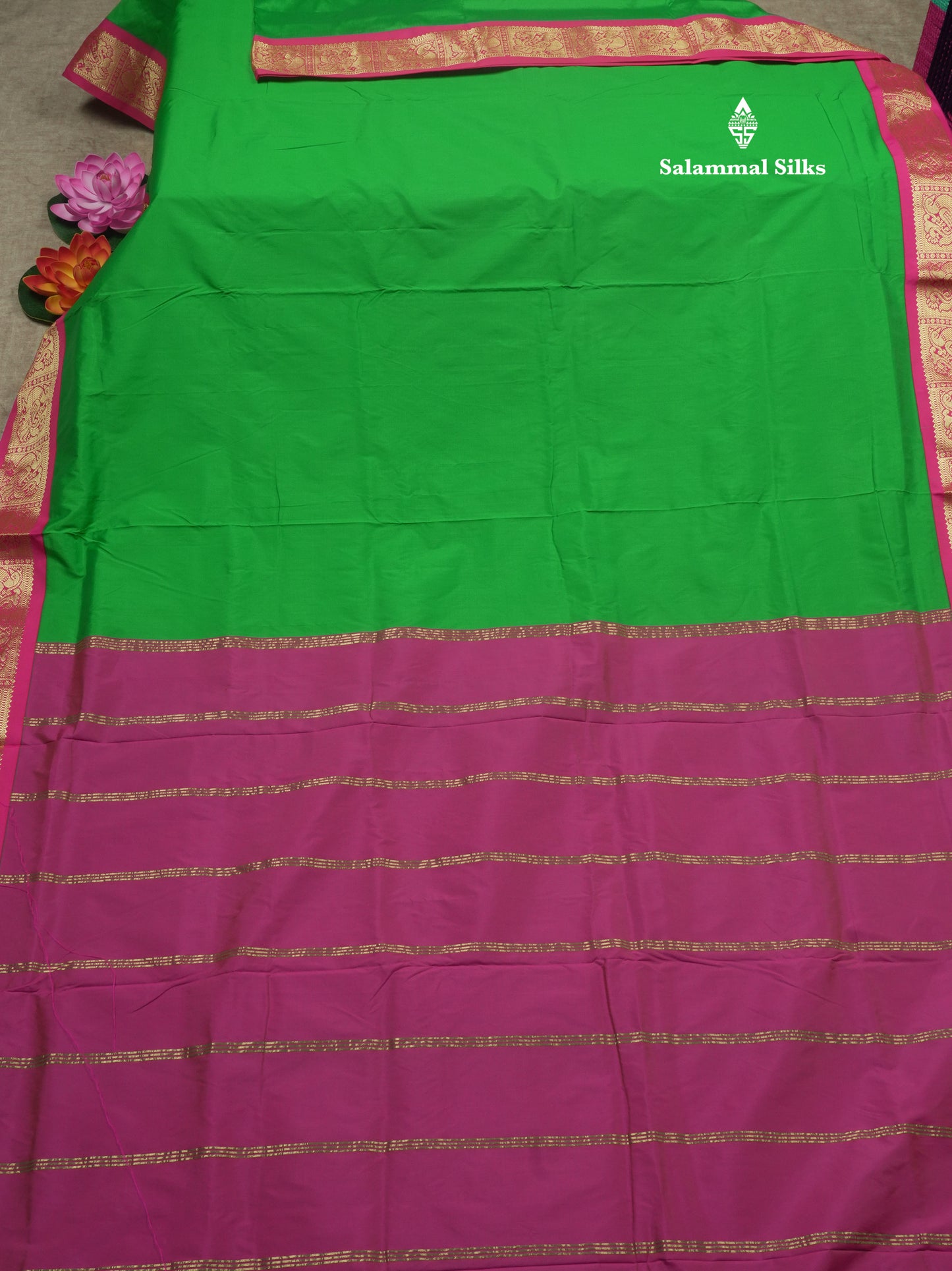 9.5 Yards Semi Silk Saree Bottle Green with Contrast Pink Border