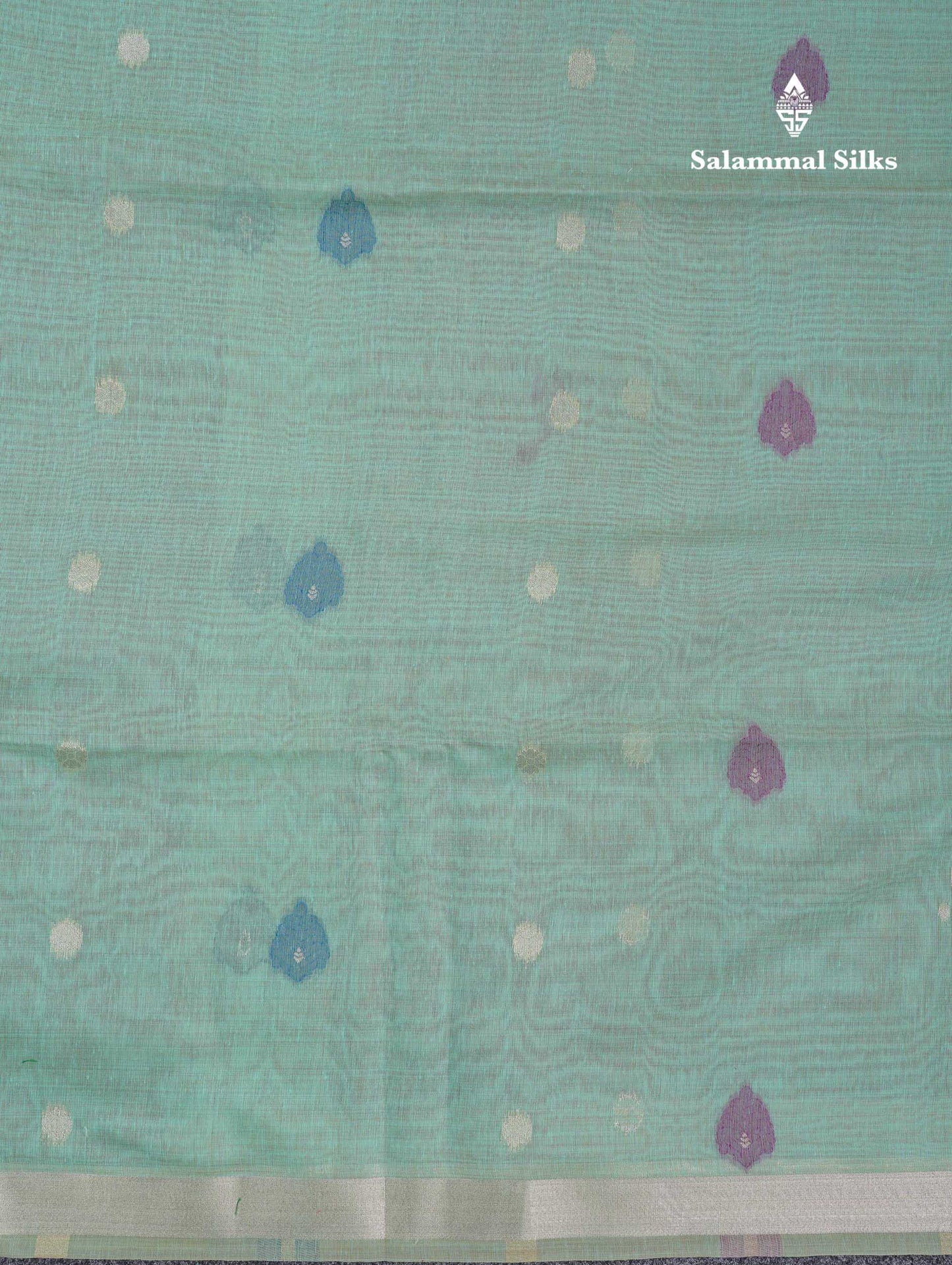 Beautiful Sapphire Green Menakari Work Butta Muga Cotton Saree With Contrast Navy Blue Blouse