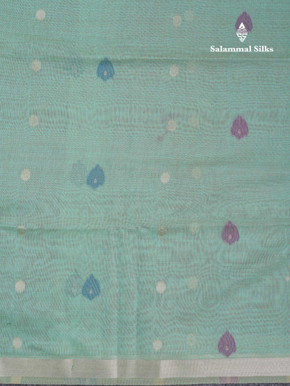 Beautiful Sapphire Green Menakari Work Butta Muga Cotton Saree With Contrast Navy Blue Blouse