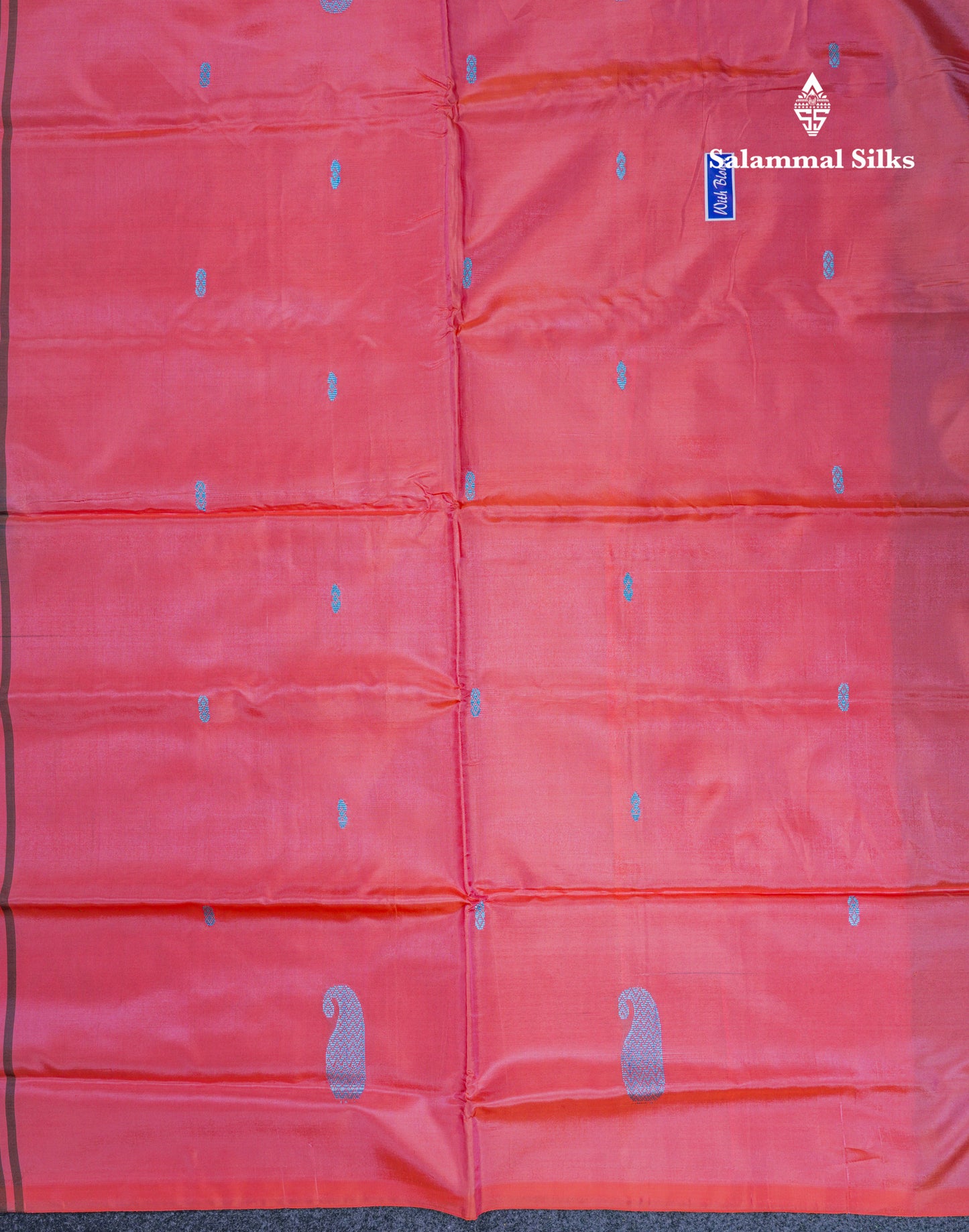 Dark Navy Blue Thread work Buttas Banana Pinth Saree (Vaazhainaar Pattu) With Contrast Piniish Orange Blouse