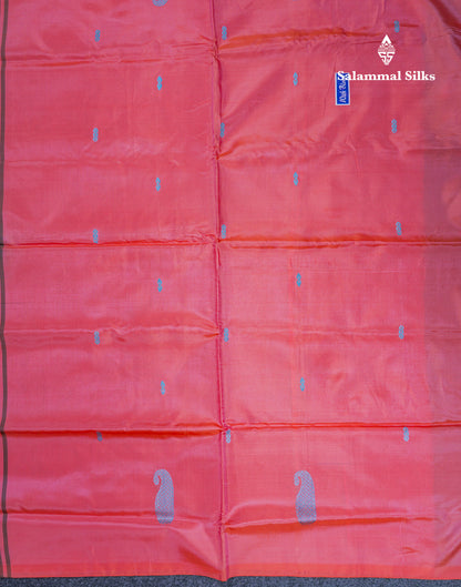 Dark Navy Blue Thread work Buttas Banana Pinth Saree (Vaazhainaar Pattu) With Contrast Piniish Orange Blouse