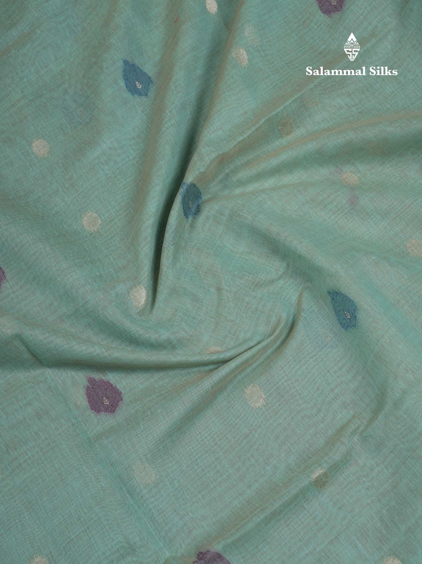 Beautiful Sapphire Green Menakari Work Butta Muga Cotton Saree With Contrast Navy Blue Blouse