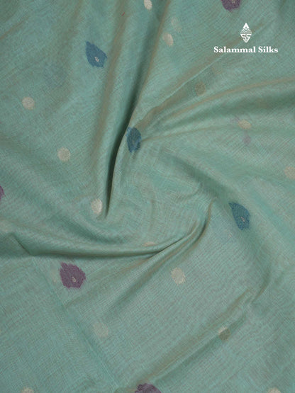 Beautiful Sapphire Green Menakari Work Butta Muga Cotton Saree With Contrast Navy Blue Blouse