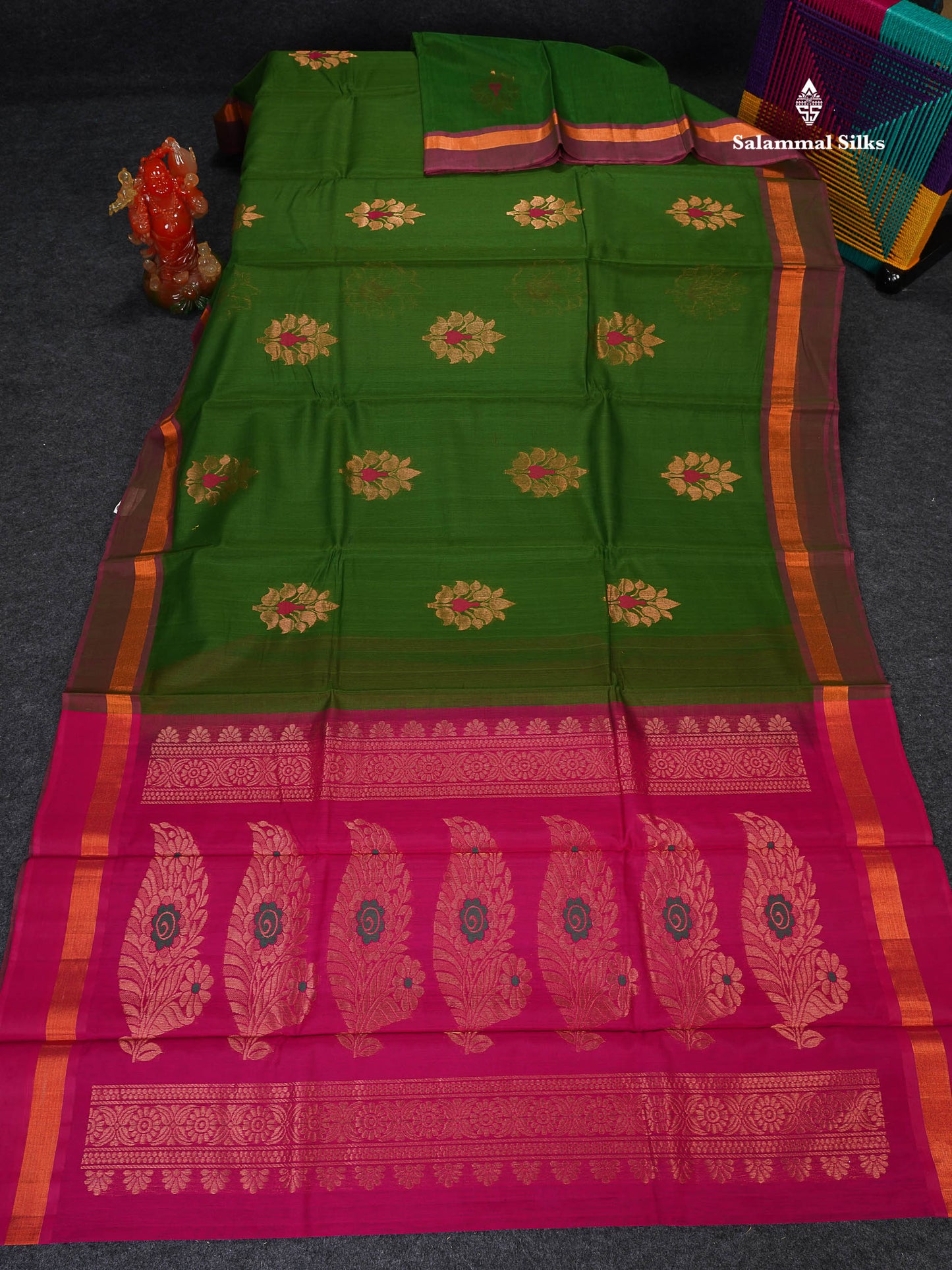 SICO Cotton Saree - Mehandi Green Colour Body With Copper Zari Butta & Magenta Border