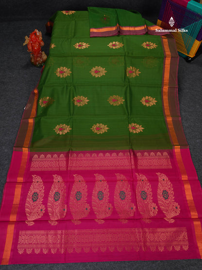 SICO Cotton Saree - Mehandi Green Colour Body With Copper Zari Butta & Magenta Border