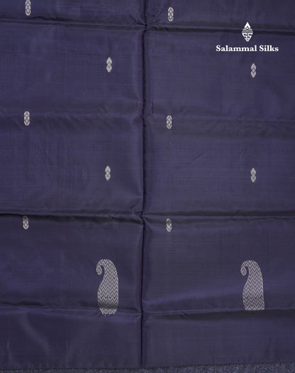 Dark Navy Blue Thread work Buttas Banana Pinth Saree (Vaazhainaar Pattu) With Contrast Piniish Orange Blouse