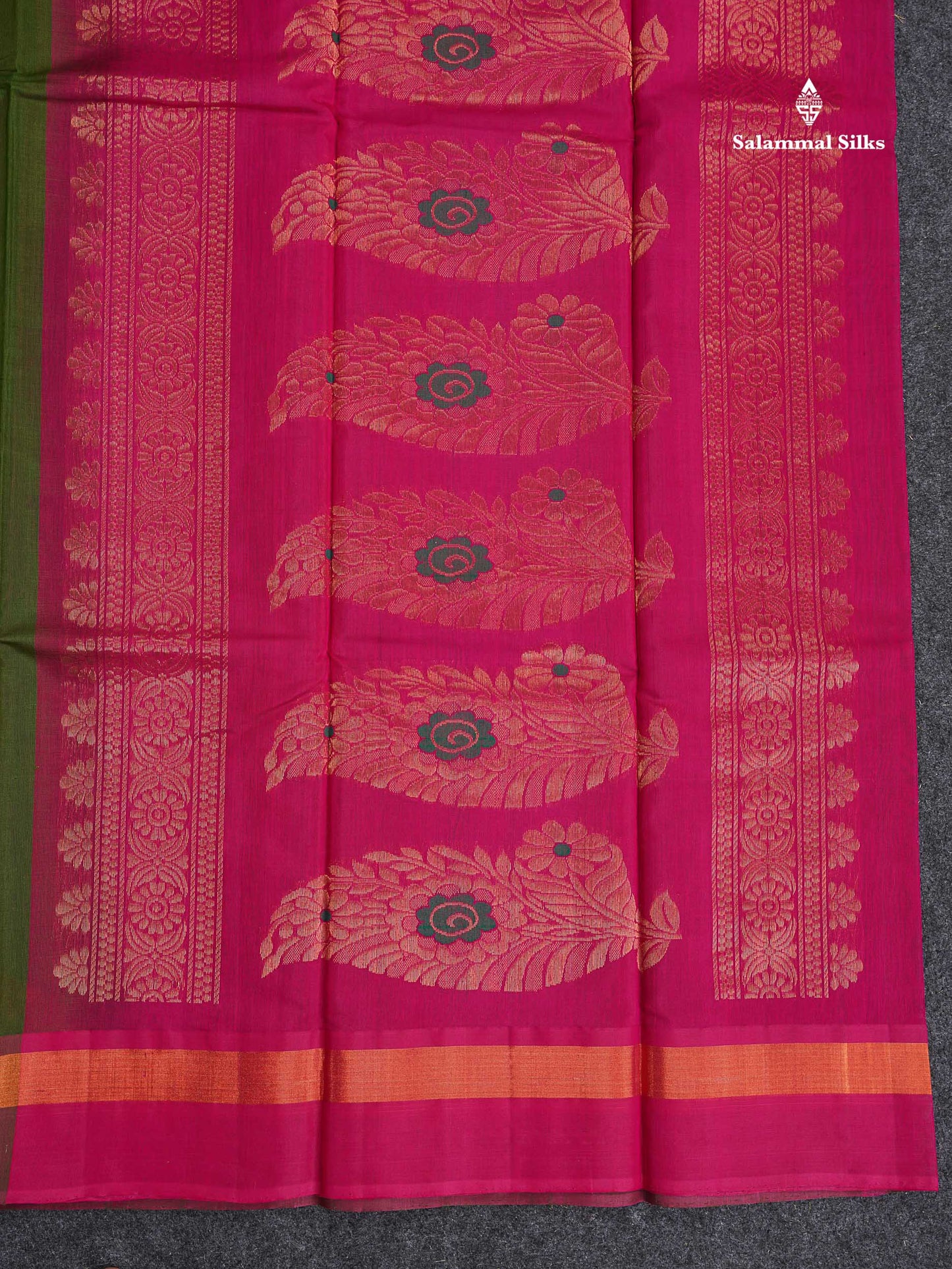 SICO Cotton Saree - Mehandi Green Colour Body With Copper Zari Butta & Magenta Border