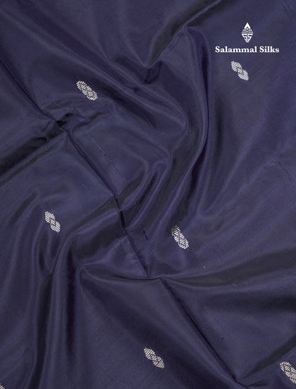 Dark Navy Blue Thread work Buttas Banana Pinth Saree (Vaazhainaar Pattu) With Contrast Piniish Orange Blouse