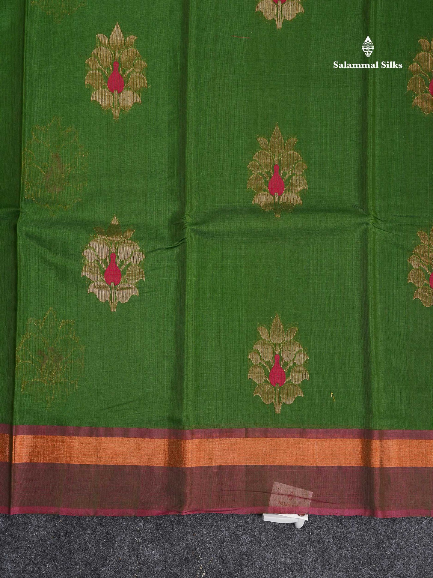 SICO Cotton Saree - Mehandi Green Colour Body With Copper Zari Butta & Magenta Border
