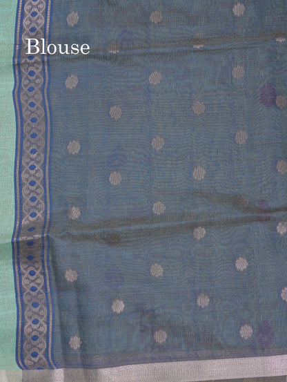 Beautiful Sapphire Green Menakari Work Butta Muga Cotton Saree With Contrast Navy Blue Blouse