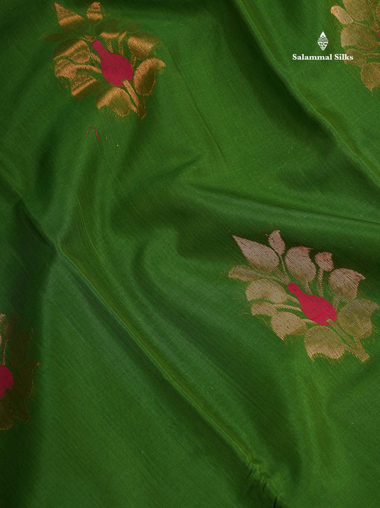 SICO Cotton Saree - Mehandi Green Colour Body With Copper Zari Butta & Magenta Border