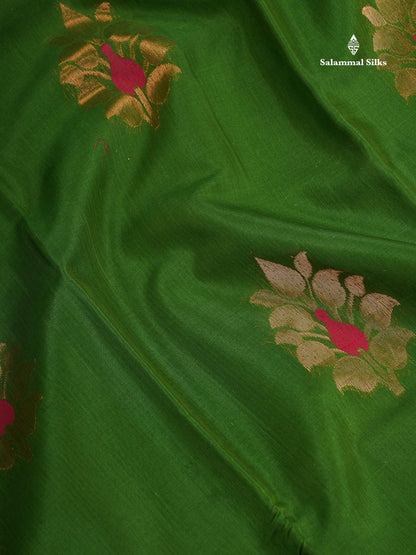 SICO Cotton Saree - Mehandi Green Colour Body With Copper Zari Butta & Magenta Border
