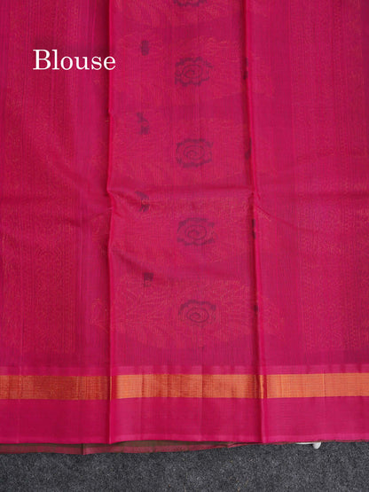 SICO Cotton Saree - Mehandi Green Colour Body With Copper Zari Butta & Magenta Border