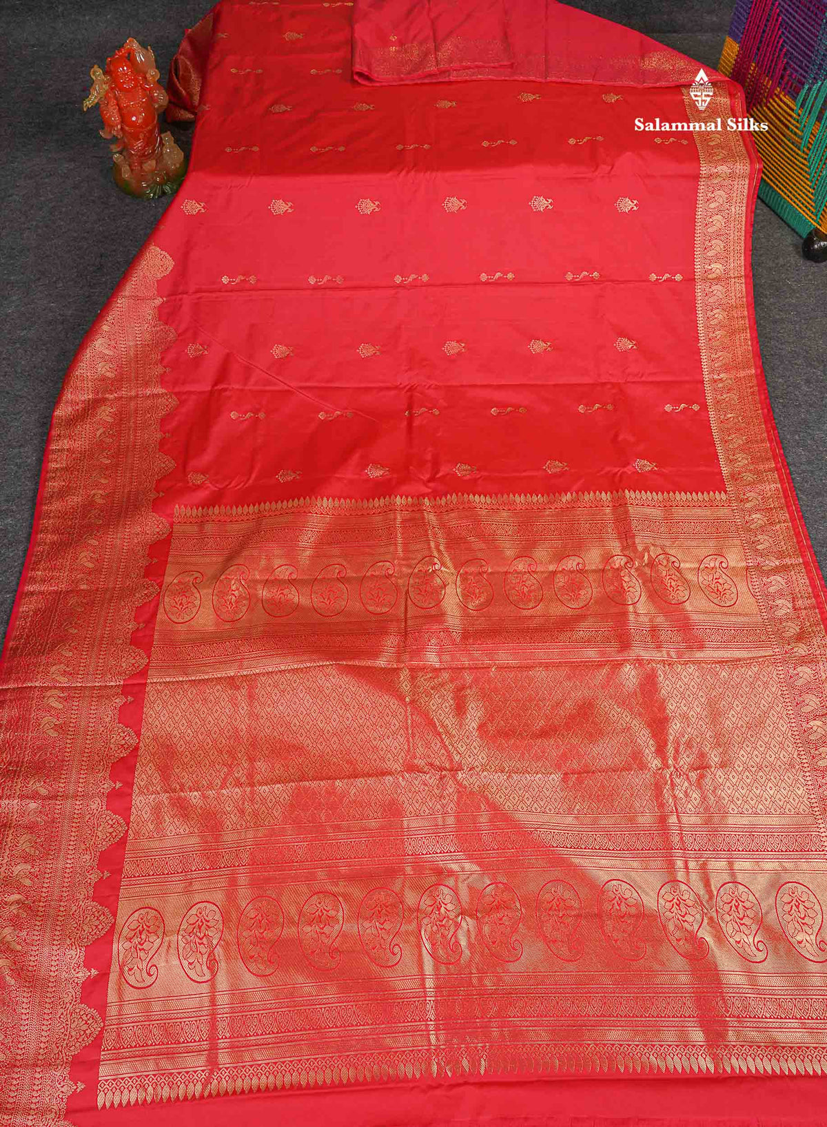 Semi Silk Saree - Chilly Red Colour Body Zari Butta With Traditional Turning Border