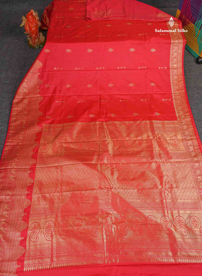 Semi Silk Saree - Chilly Red Colour Body Zari Butta With Traditional Turning Border