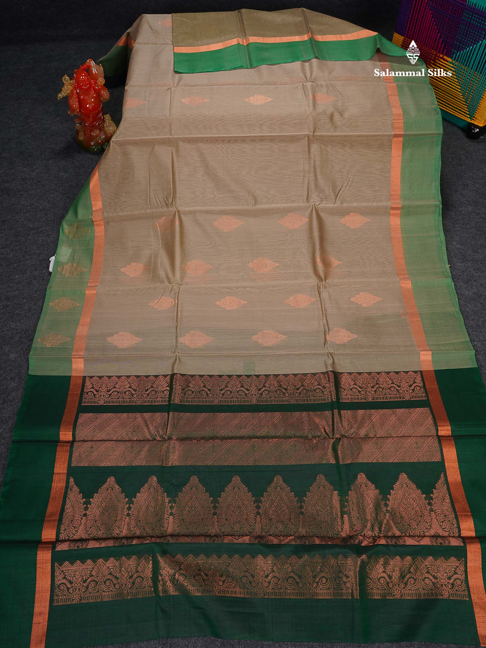 SICO Cotton Saree - Cream Sandal Colour Body With Copper Zari Butta & Bottle Green Blouse 