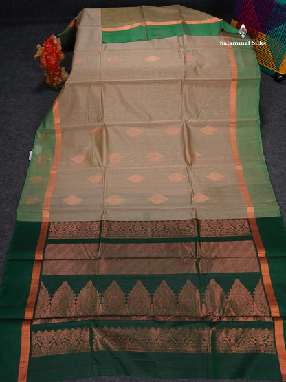 SICO Cotton Saree - Cream Sandal Colour Body With Copper Zari Butta & Bottle Green Blouse 
