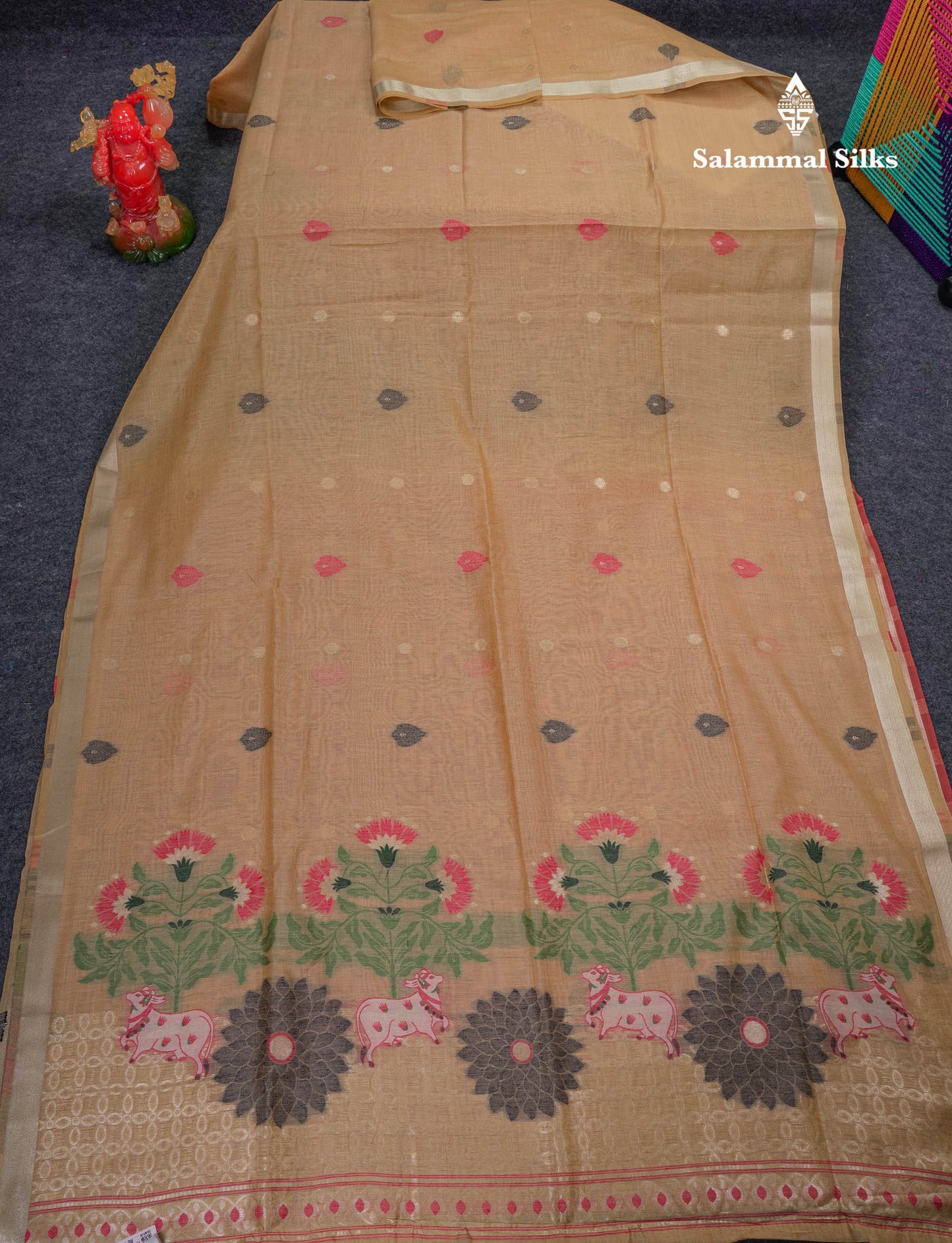 Beautiful Sapphire Green Menakari Work Butta Muga Cotton Saree With Contrast Navy Blue Blouse