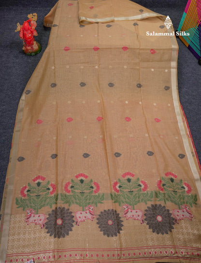 Beautiful Sapphire Green Menakari Work Butta Muga Cotton Saree With Contrast Navy Blue Blouse