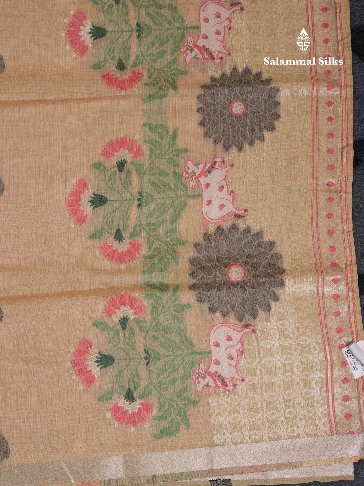 Beautiful Sapphire Green Menakari Work Butta Muga Cotton Saree With Contrast Navy Blue Blouse
