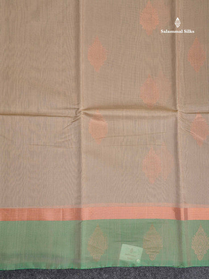 SICO Cotton Saree - Cream Sandal Colour Body With Copper Zari Butta & Bottle Green Blouse