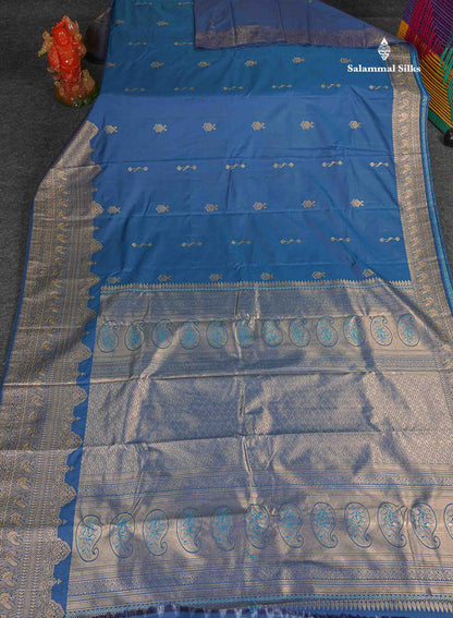 Semi Silk Saree - Petrol Blue Colour Body Zari Butta With Traditional Turning Border