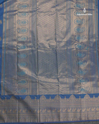 Semi Silk Saree - Dual Tone Navy Blue Colour Body Zari Butta With Traditional Turning Border