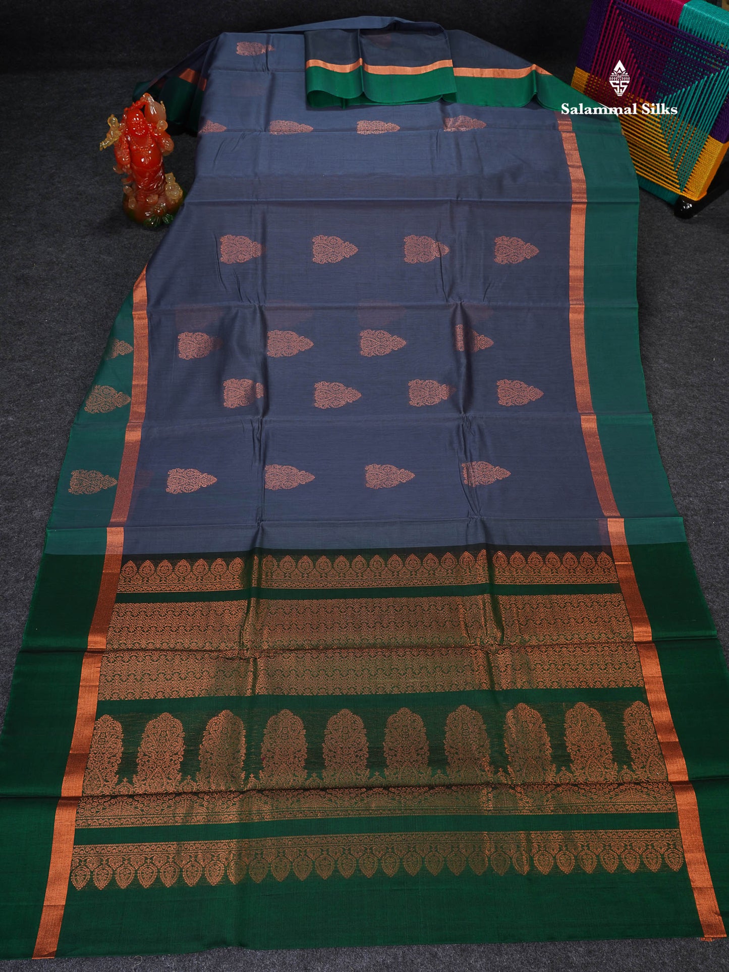 SICO Cotton Saree - Dual Tone Grey Colour Body With Copper Zari Butta & Dual Tone Green Fancy Border