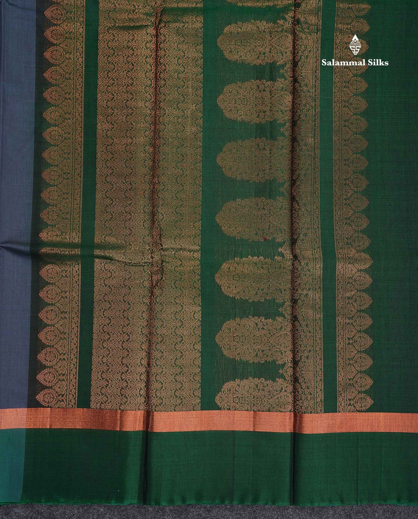 SICO Cotton Saree - Dark Navy Blue Colour Body With Copper Zari Butta & Bottle Green Plain Border
