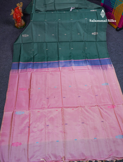 Bottle Green Thread work Buttas Banana Pinth Saree (Vaazhainaar Pattu) With Contrast Baby Pink Blouse